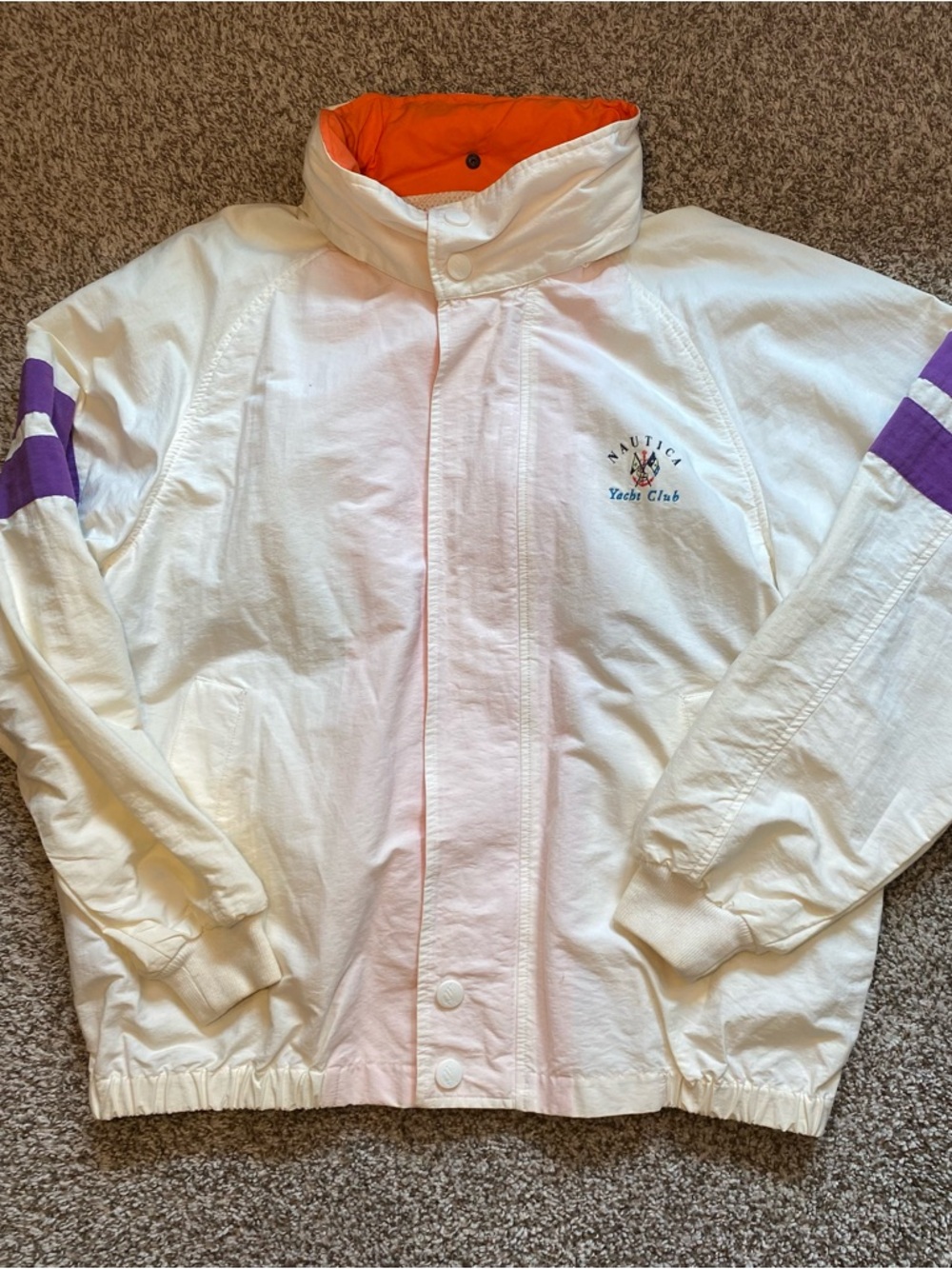 Nautica White Windbreaker with Purple Sleeve Stripes and Orange Lining